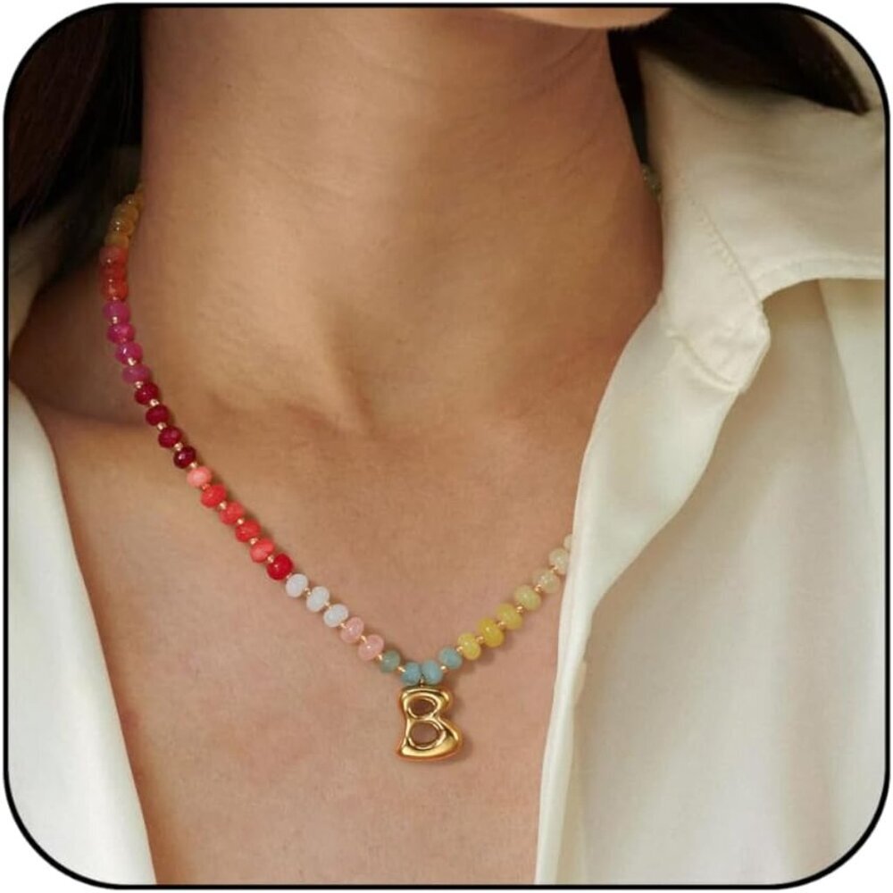 Initial A-Z Colorful Beaded Gemstone Necklaces for Women 14K Gold Letter Pendant